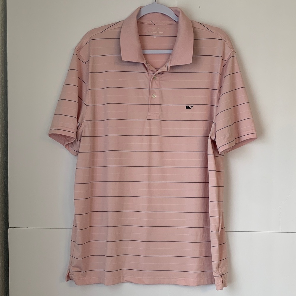 Vineyard Vines Men’s Pink Polo with Thin Blue White Stripes Polo Golf Size XL